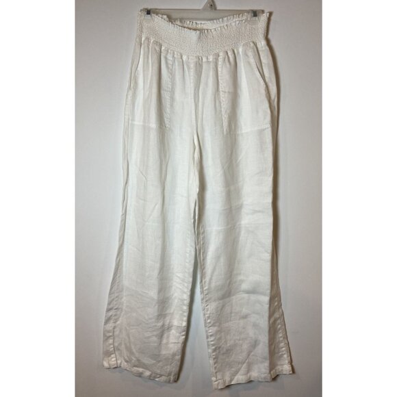 Magashoni Pants Wide Leg 100% Linen Elastic Waist White Small - Picture 1 of 4